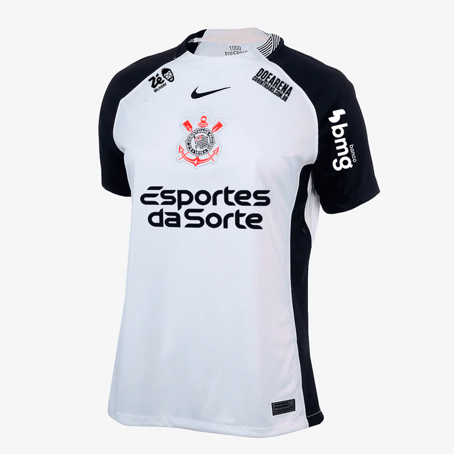 Corinthians Home 25/26 Torcedor Com Patrocínios Nike Feminina - Branca e Preta