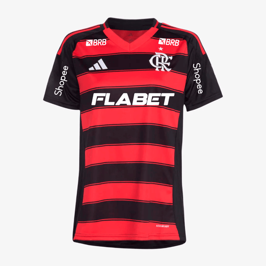 Flamengo Home 25/26 Torcedor Com Patrocínios Adidas Feminina - Vemelho e Preto
