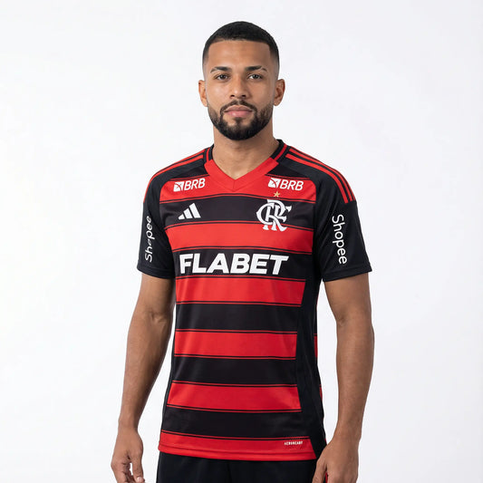 Flamengo Home 25/26 Torcedor Com Patrocínios Adidas Masculino - Vermelho e Preto