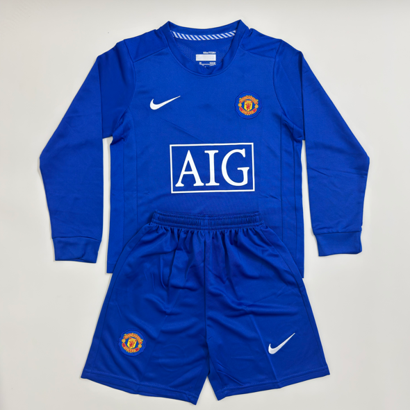 Kit infantil Manchester United Retrô AWAY Manga Longa 2008  - Azul