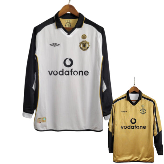 Manchester United Retro Away 01/02 Umbro Dupla face Manga Longa - Branca e Dourada