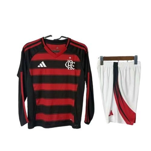 Kit Infantil Flamengo Home 25/26 Manga Longa - Vermelho e Preto