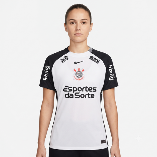 Corinthians Home 25/26 Torcedor Com Patrocínios Nike Feminina - Branca e Preta