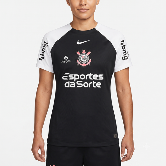 Corinthians Away 25/26 Torcedor Com Patrocínios Nike Feminina - Preta e Branca
