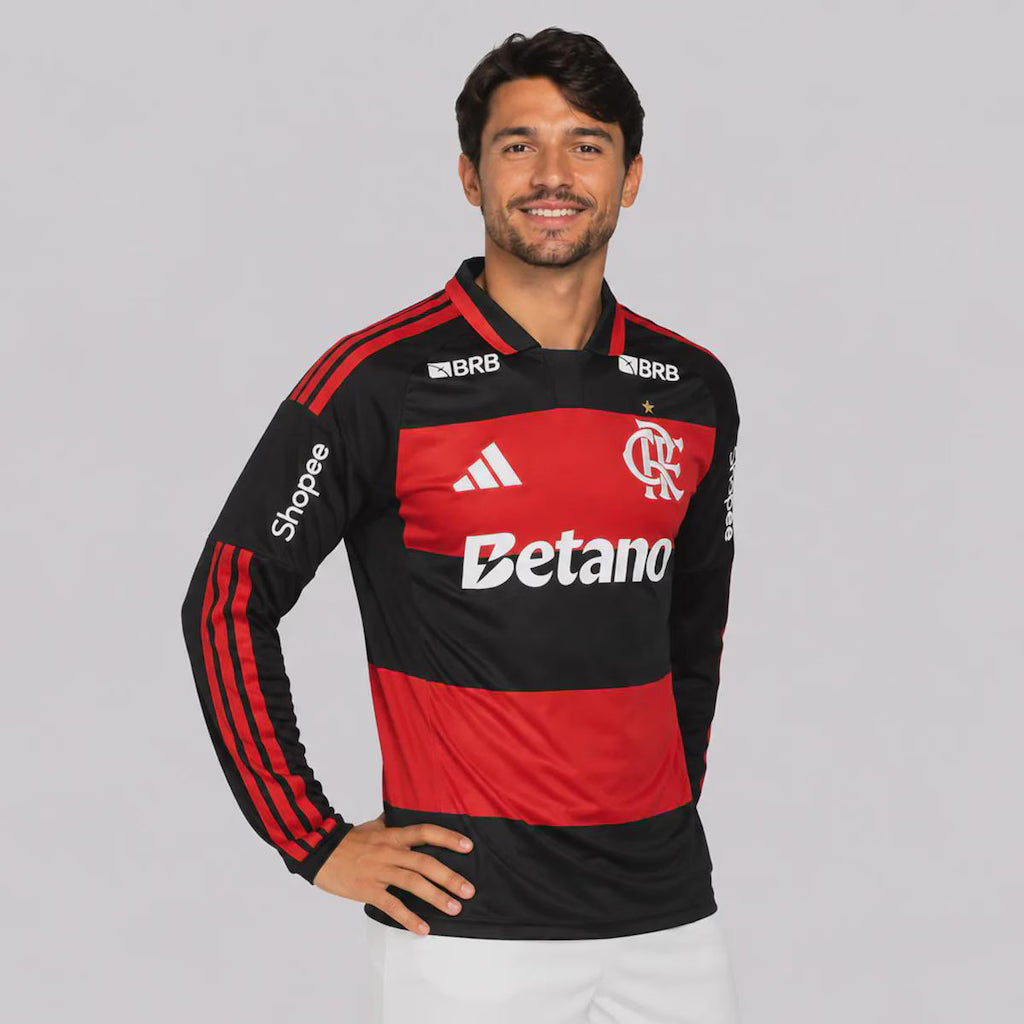 Flamengo Home 26/27 Manga Longa Patrocinadores Adidas Masculino - Vermelho e Preto