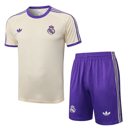Kit de Treino Adulto Real Madrid 25/26 Short e Camisa - Bege e Roxo