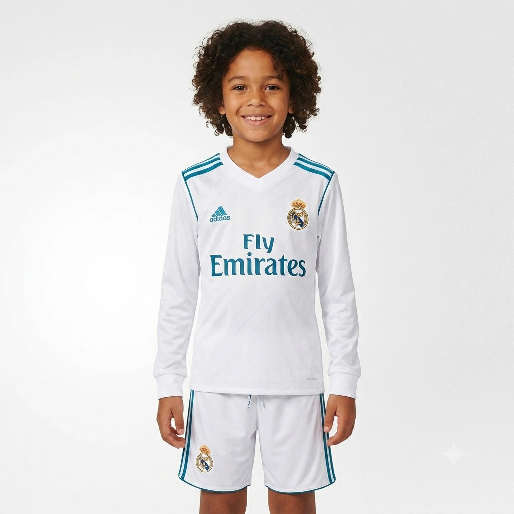 Kit Infantil Real Madrid Home Retrô Manga Longa 17/18 - Branco