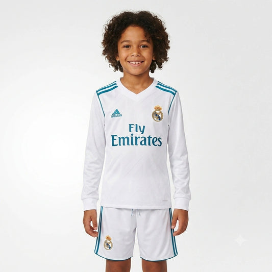 Kit Infantil Real Madrid Home Retrô Manga Longa 17/18 - Branco